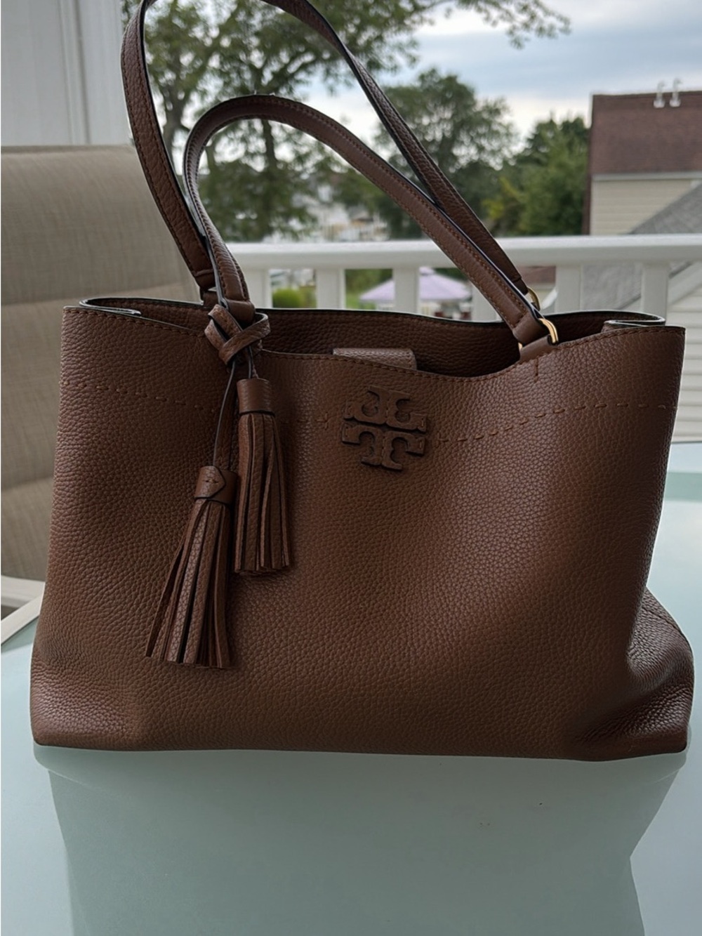 Tory Burch Brown Pebbled Leather Shoulder Tote with Tassels
